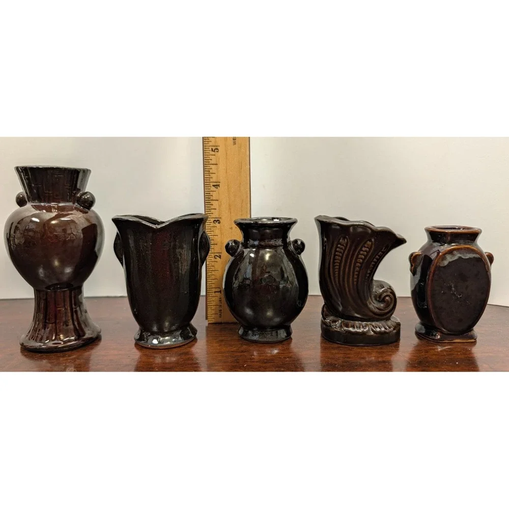 Vintage Miniature Made in Occupied Japan Brown Floral Vases Lot of 5